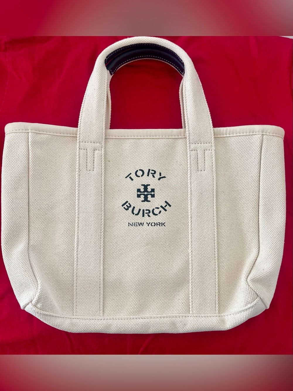Tory Burch Cream Canvas Tote with Navy Logo